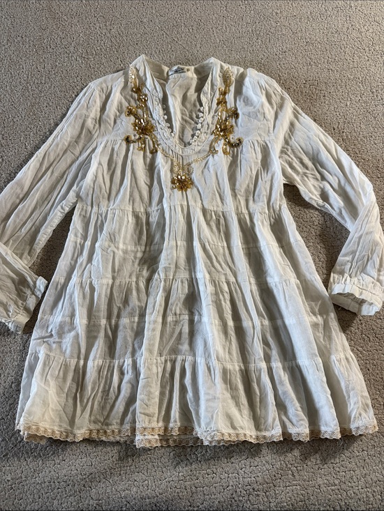 Tasha Polizzi Tops - Tasha Polizzi Cream 100% Cotton Tunic with Gold Embroidery Large